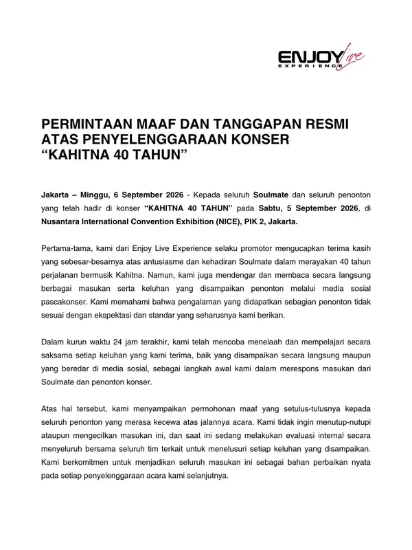 Klarifikasi pihak Promotor konser Kahitna Klarifikasi pihak Promotor konser Kahitna (instagram.com/enjoylive.exp)