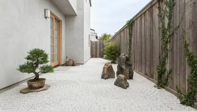 Ide Taman Mini di Samping Rumah untuk Lahan Selebar Satu Meter Desain Zen Garden yang Tenang dan Meditatif. Foto: AI Generated