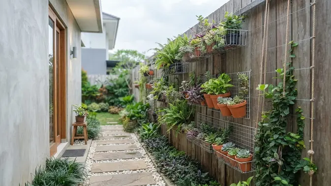 Ide Taman Mini di Samping Rumah untuk Lahan Selebar Satu Meter Pemanfaatan Dinding dengan Sistem Vertical Garden. Foto: AI Generated