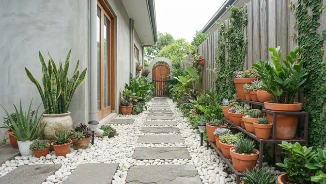 Ide Taman Mini di Samping Rumah untuk Lahan Selebar Satu Meter Penggunaan Tanaman Minim Perawatan Seperti Sukulen dan Lidah Mertua. Foto: AI Generated