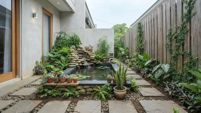 Ide Taman Mini di Samping Rumah untuk Lahan Selebar Satu Meter Penambahan Kolam Ikan Hias Mini dengan Batu Alam. Foto: AI Generated