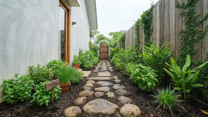 Ide Taman Mini di Samping Rumah untuk Lahan Selebar Satu Meter Sentuhan Herb Garden Bergaya Pedesaan. Foto: AI Generated