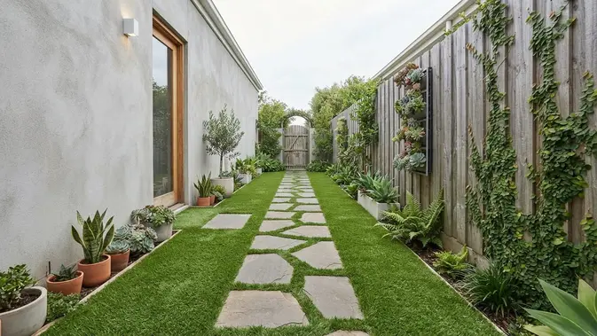 Ide Taman Mini di Samping Rumah untuk Lahan Selebar Satu Meter Penggunaan Rumput Sintetis untuk Tampilan Selalu Hijau. Foto: AI Generated