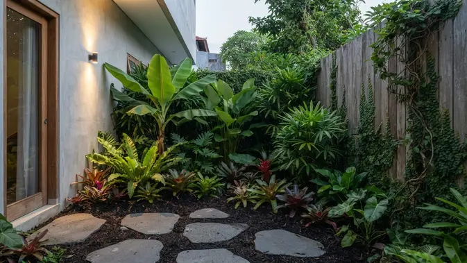 Ide Taman Mini di Samping Rumah untuk Lahan Selebar Satu Meter Nuansa Eksotis dengan Tanaman Bergaya Tropis. Foto: AI Generated