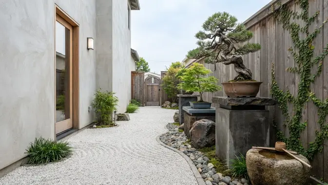 Ide Taman Mini di Samping Rumah untuk Lahan Selebar Satu Meter Penataan Pohon Bonsai Estetik Berkarakter. Foto: AI Generated