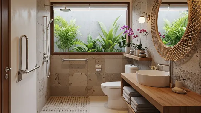 Kamar Mandi Semi Terbuka dengan Bukaan ke Halaman Kamar Mandi Semi Terbuka dengan Bukaan ke Halaman (AI Generated)