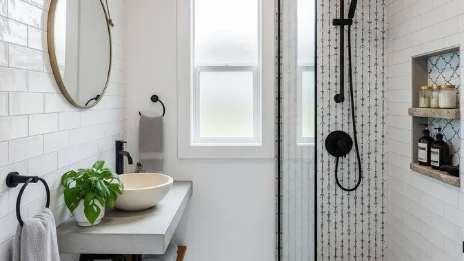 Kamar Mandi dengan Material Sederhana dan Warna Terang Kamar Mandi dengan Material Sederhana dan Warna Terang (AI Generated)