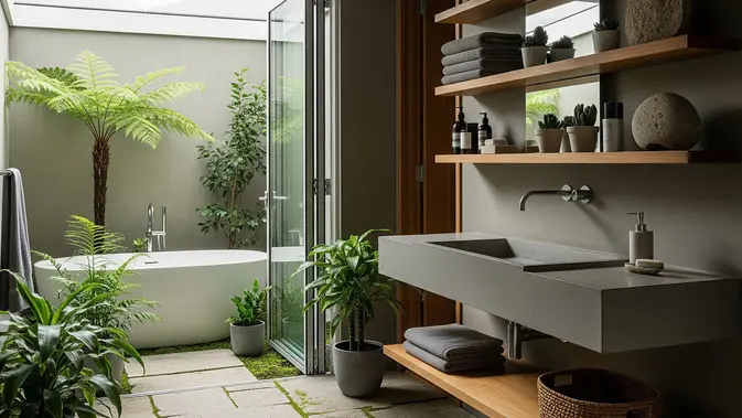 Kamar Mandi dengan Atap Transparan Sebagian untuk Memaksimalkan Cahaya Kamar Mandi dengan Atap Transparan Sebagian untuk Memaksimalkan Cahaya (AI Generated)