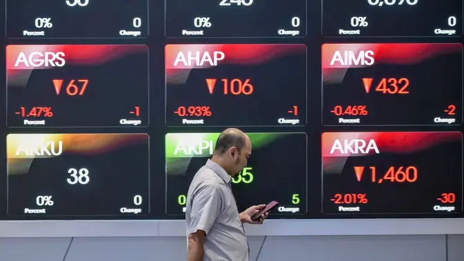 Seorang pria melihat ponselnya di depan layar yang menampilkan Indeks Harga Saham Gabungan (IHSG), yang anjlok signifikan selama pembukaan pasar, di gedung Bursa Efek Indonesia di Jakarta pada Rabu 13 Mei 2026. (BAY ISMOYO/AFP)