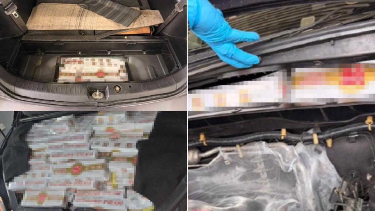 Kursi-kursi mobil dilepas, dan ditemukan rokok tanpa bea cukai yang tersembunyi di bawah lantai mobil.