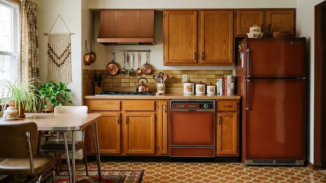 Dapur 70-an Coppertone Brown: Cokelat Kemerahan yang Menghangatkan Suasana. (AI Generated)