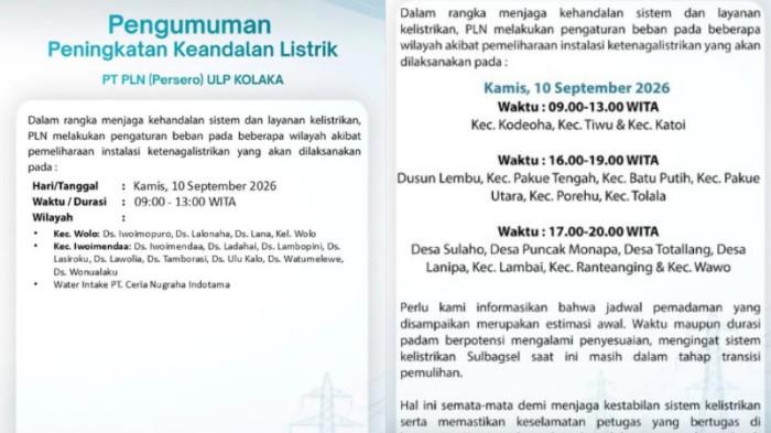 Pengumuman PT PLN ULP Kolaka dan Kolaka Utara terkait pemadaman listrik 10 Sept 2026