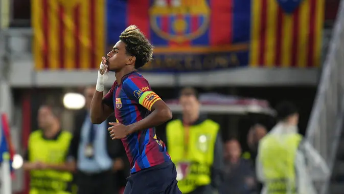 Pemain Barcelona Lamine Yamal Pemain Barcelona Lamine Yamal merayakan gol dalam laga Liga Champions antara Barcelona vs Feyenoord di Barcelona, Spanyol, Rabu, 9 September 2026. (AP Photo/Emilio Morenatti)
