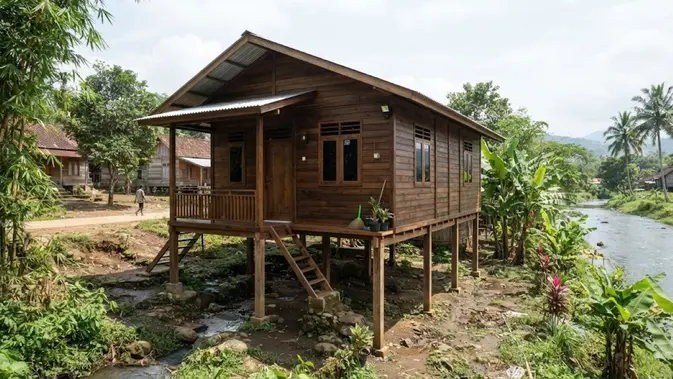 Model Rumah Desa 2 Kamar Tidur yang Hemat Biaya (AI Generated)