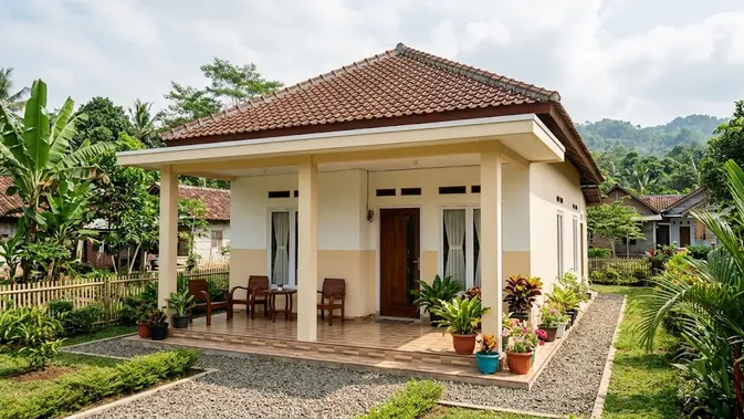 Rumah Desa dengan Teras Lebar dan Tiang Sederhana. (AI Generated)