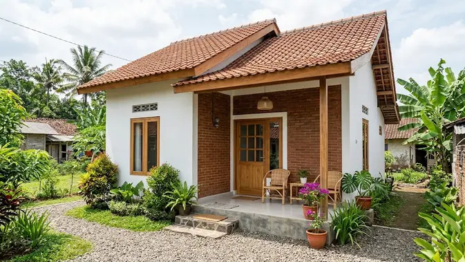 Rumah Desa dengan Aksen Bata Ekspos. (AI Generated)