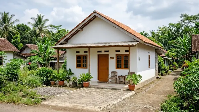 Rumah Desa Atap Pelana dengan Fasad Putih. (AI Generated)