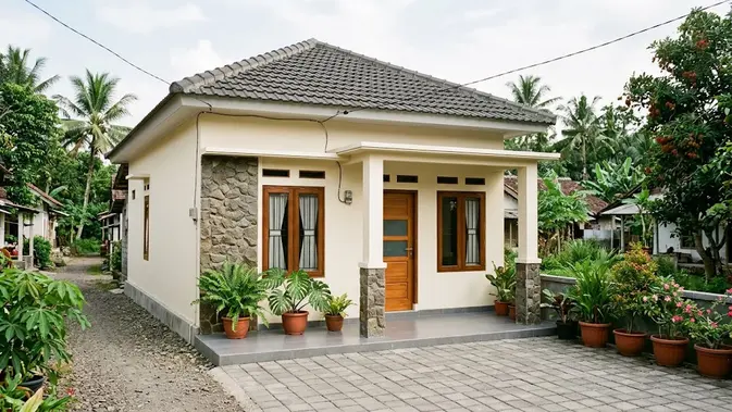 Rumah Desa dengan Aksen Batu Alam Minimalis. (AI Generated)