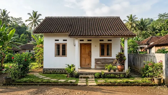 Rumah Desa dengan Pintu dan Jendela Kayu. (AI Generated)