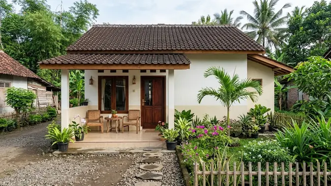 Rumah Desa dengan Teras dan Taman Depan Sederhana. (AI Generated)