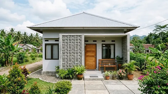 Rumah Desa Minimalis dengan Roster sebagai Aksen. (AI Generated)