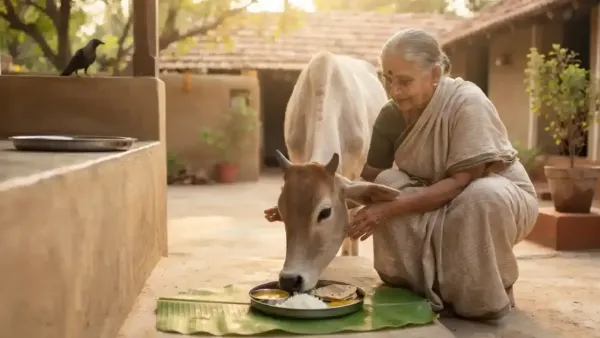 Food kept for a crow being offered to a cow or dog during Pitru Paksha