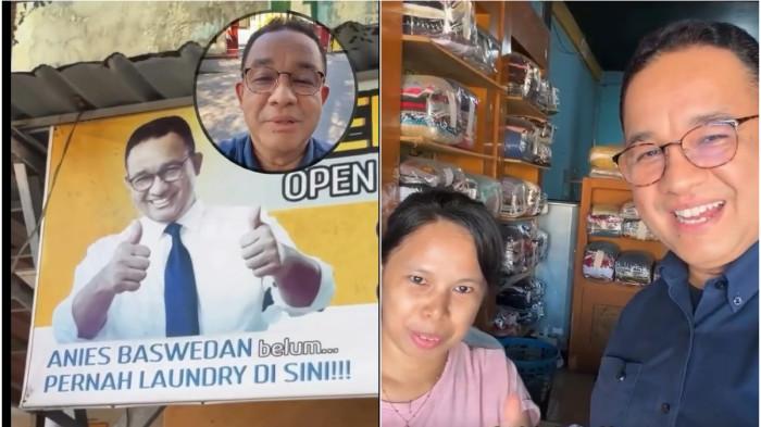 LAUNDRY VIRAL - Tangkap layar video saat Anies Baswedan mendatangi Yelo Laundry di Jalan Dahlia, Kota Makassar, Sulawesi Selatan, pada Sabtu (19/9/2026) sekira pukul 08.40 Wita.