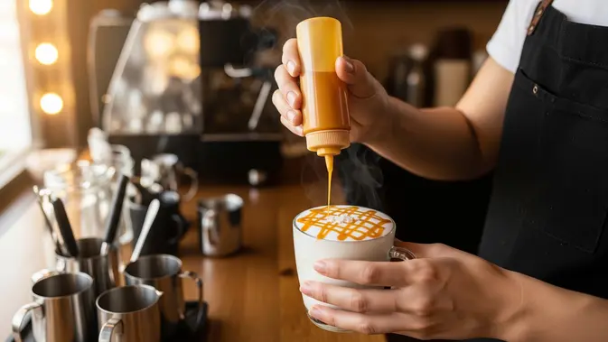 Membuat Salted Caramel Latte. (AI Generated)