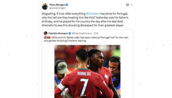 Piers Morgan slams Portugal over Cristiano Ronaldo’s No. 7 shirt being handed to Rafael Leao