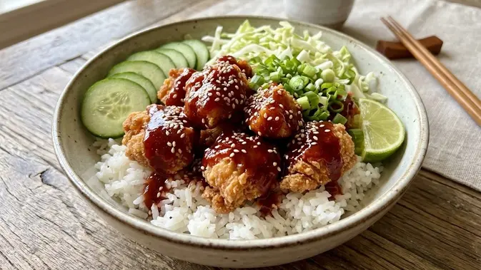 resep rice bowl ayam crispy saus gochujang rumahan resep rice bowl ayam crispy saus gochujang rumahan (AI generated)