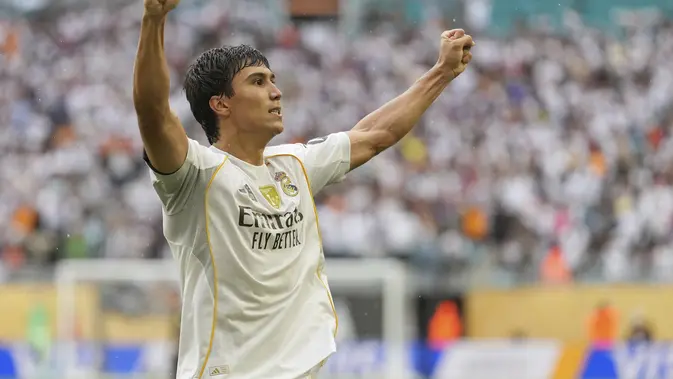 Gonzalo Garcia merayakan gol untuk Real Madrid dalam pertandingan babak 16 besar Piala Dunia Antarklub melawan Juventus di Miami Gardens, Florida, Rabu (2/7/2025). (AP Photo/Rebecca Blackwell)