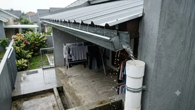 Talang air berfungsi untuk mengalirkan air hujan dari atap ke bawah. (AI Generated)