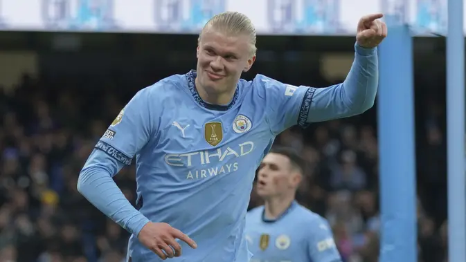 Foto: Wajah Lega Pep Guardiola setelah Man City Kembali Raih Kemenangan di Liga Inggris Pemain Manchester City, Erling Haaland melakukan selebrasi setelah mencetak gol ke gawang West Ham pada laga lanjutan Liga Inggris 2024/2025 di Etihad Stadium, Manchester, Inggris, Sabtu (04/01/2025). (AP Photo/Ian Hodgson)