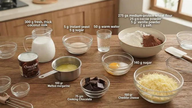 Bahan-Bahan Pukis Cokelat Keju dengan Permukaan Lembut dan Pinggiran Garing. Foto: AI Generated