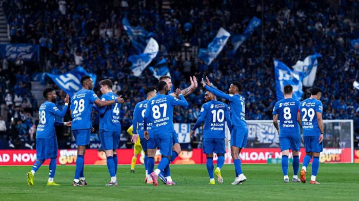 SELEBRASI - Pemain Al Hilal merayakan setelah meraih kemenangan di Liga Arab Saudi. Al Hilal menaklukkan Al Hazm 3-0 di Stadion Kingdom Arena pada Kamis (9/1/2026) malam.
