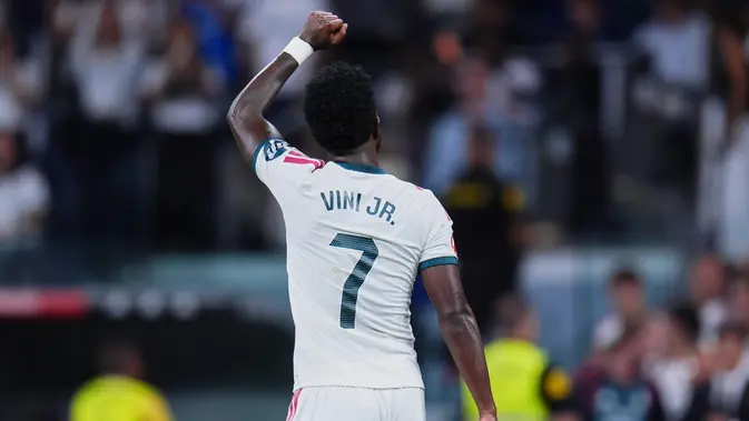 Pemain Real Madrid Vinicius Junior Pemain Real Madrid Vinicius Junior merayakan gol dalam laga La Liga Spanyol antara Real Madrid vs Real Sociedad di Madrid, Spanyol, Rabu, 26 Agustus 2026. (AP Photo/Manu Fernandez)