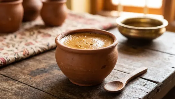 Creamy traditional Bengali mishti doi served in an earthen clay pot on a rustic wooden table beside spoon.