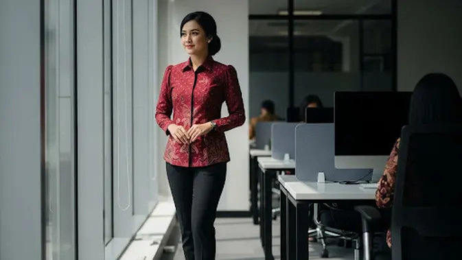 Kemeja Batik Lengan Puff Formal/Batik Kerja Wanita Lengan Puff Modis (AI genertaed)
