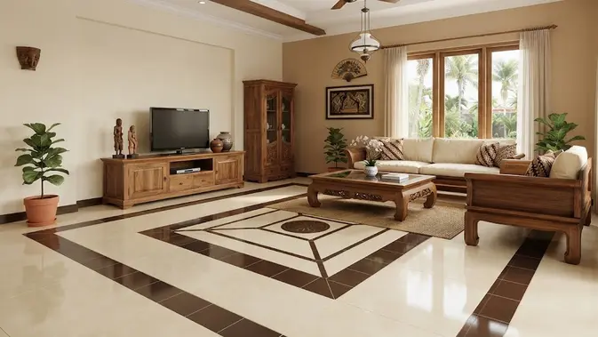 Kombinasi 2 warna keramik polos yang bikin tampilan rumah jadi mewah model krem dan cokelat untuk ruang keluarga (AI generated)