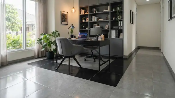 Kombinasi 2 warna keramik polos yang bikin tampilan rumah jadi mewah model abu-abu hitam untuk ruang kerja (AI generated)