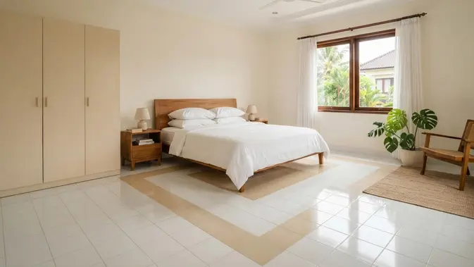Kombinasi 2 warna keramik polos yang bikin tampilan rumah jadi mewah model putih dan krem untuk kamar tidur (AI generated)