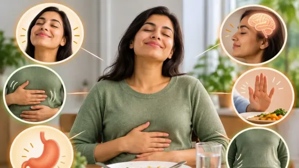 Create a realistic health editorial image illustrating the benefits of eating slowly and mindfully.
