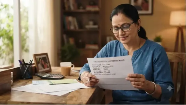 An Indian woman wearing glasses sitting at a wooden desk and reviewing a fixed deposit (FD) confirmation document at home.