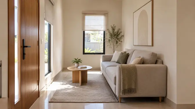 Model Ruang Tamu dengan Sofa Tepat Berhadapan dengan Pintu Model Ruang Tamu dengan Sofa Tepat Berhadapan dengan Pintu. (AI Generated)