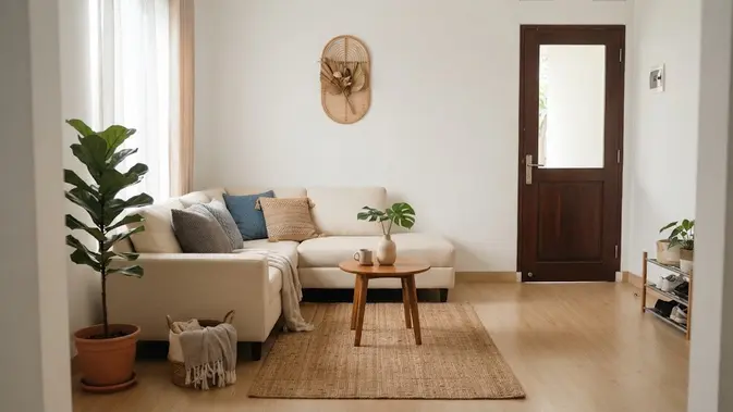 Model Ruang Tamu dengan Sofa L di Sudut Depan Rumah Model Ruang Tamu dengan Sofa L di Sudut Depan Rumah. (AI Generated)