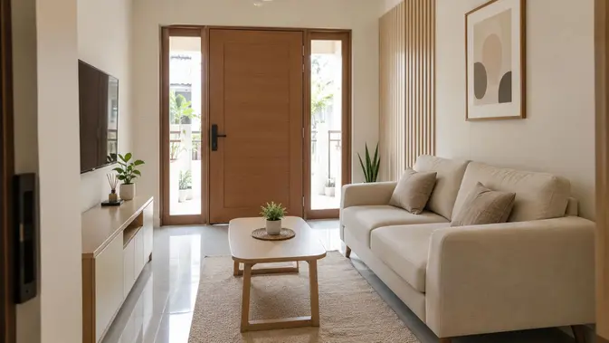 Model Ruang Tamu Memanjang dengan Sofa di Sisi Dinding Model Ruang Tamu Memanjang dengan Sofa di Sisi Dinding. (AI Generated)