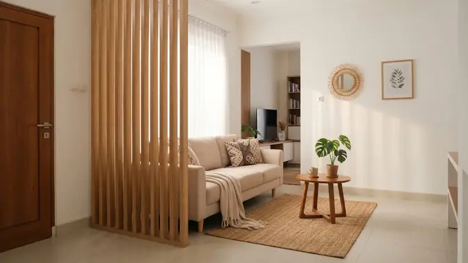 Model Ruang Tamu dengan Sekat Bilah Kayu Model Ruang Tamu dengan Sekat Bilah Kayu. (AI Generated)