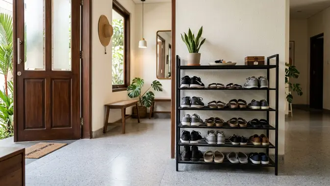 Model Rak Sepatu Berventilasi di Area Pintu Masuk Rumah (AI Generated)