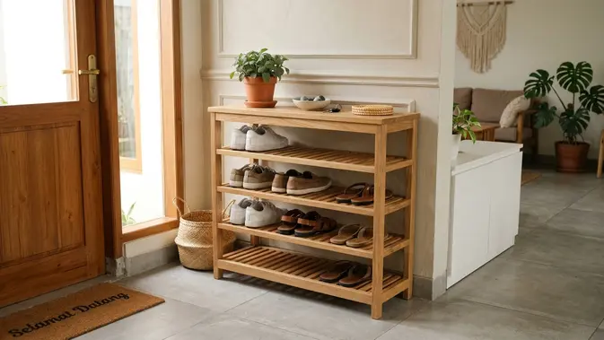 Model Rak Sepatu Berventilasi di Area Pintu Masuk Rumah (AI Generated)