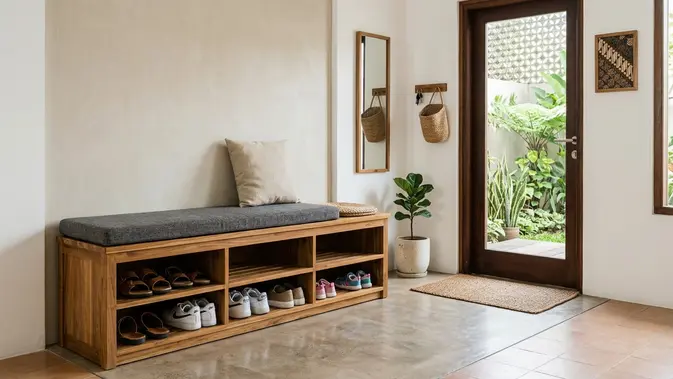 Model Rak Sepatu Berventilasi di Area Pintu Masuk Rumah (AI Generated)
